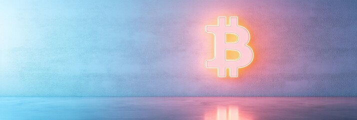Leinwandbilder - Neon Bitcoin Symbol on Reflective Floor - Modern Cryptocurrency Concept