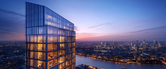 Poster - A modern skyscraper at sunset overlooking a city skyline and river.