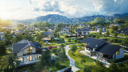 Poster - Smart devices enhancing daily life in a futuristic urban neighborhood aerial view of interconnected living