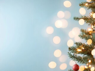 Poster - Festive Christmas Tree with Bokeh Lights Against a Soft Blue Background