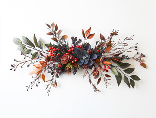 Poster - Creating a festive display of seasonal foliage and berries with vibrant flowers on an elegant white backdrop