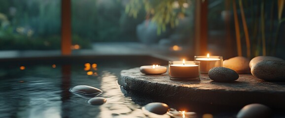 Poster - A serene spa scene with candles and smooth stones by a tranquil pool.