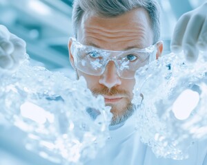 Poster - Futuristic Engineering Male Scientist Examines Materials Under Soft Illumination in High-Tech Lab