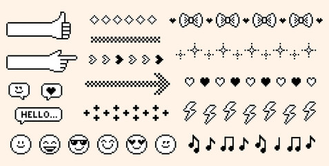 Fototapete - Simple geometric icon set line pattern with hand, bow, star, arrow, smile, music note and heart. Y2k pixel art text dividers. Retro trendy brutal style. Game abstract elements. Editable vector design