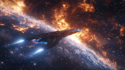 Poster - Voyage through vibrant nebula a spaceship's adventure in colorful deep space exploration