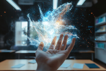 Poster - Engaging student interaction with educational holograms in a classroom setting emphasizing the future of learning