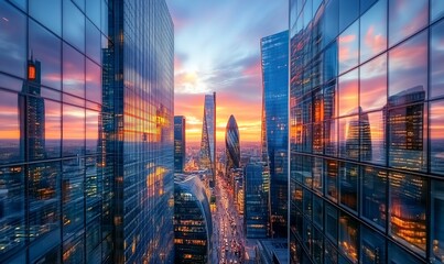 Poster - A vibrant cityscape at sunset, showcasing modern skyscrapers and busy streets.