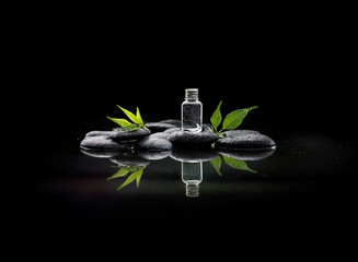 Poster - Serene scene of a small glass bottle nestled on smooth, dark stones with vibrant green leaves, reflected in still water.  A minimalist spa or wellness concept.