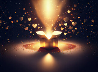 Aufkleber - A golden gift box opens, revealing a radiant light and a shower of golden hearts.  Magic, wonder, and love emanate from within.