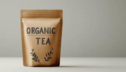 Poster - Organic Tea Packaging Mockup Kraft Paper Pouch with Minimalist Design on a Tranquil Background