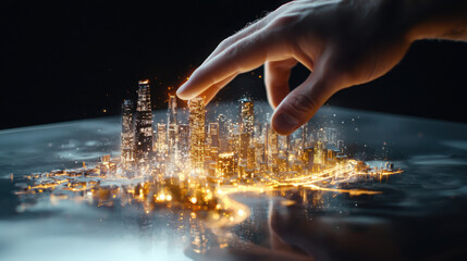 Poster - Interactive virtual reality experience human hand engaging with holographic cityscape model against dark background highlighting glows