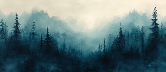 Wall Mural - Misty mountain forest landscape with dark teal trees and fog.