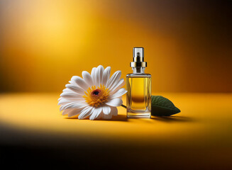 Poster - A single white daisy rests beside a bottle of yellow perfume on a golden surface.  The lighting is warm and dramatic, highlighting the fragrance's elegance.
