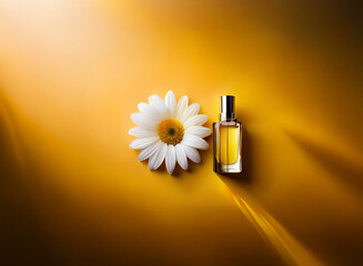 Poster - A single white daisy rests beside a small, rectangular bottle of amber perfume on a vibrant yellow background, lit by dramatic sunlight.