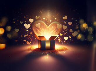 Aufkleber - A golden gift box bursts open, revealing a radiant heart and sparkling confetti.  Magic and love fill the air.
