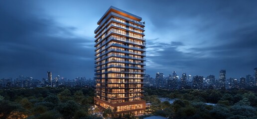 Poster - Modern skyscraper illuminated at dusk, surrounded by cityscape and greenery.