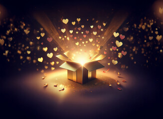 Aufkleber - A golden gift box radiates light, emanating a magical shower of hearts.  Sparkling rays and scattered petals add to the enchanting scene.