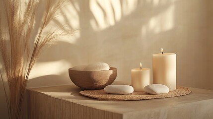 Wall Mural - Serene arrangement of candles and stones for a calming atmosphere.