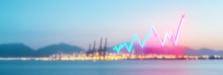 Poster - Nighttime Port with Neon Currency Graphs Reflecting Trade and Financial Market Trends