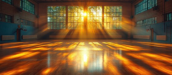 Wall Mural - Sunbeams illuminate empty gymnasium court.