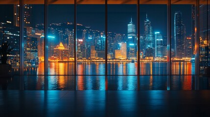 Poster - Nighttime city skyline view from a modern interior with reflections.