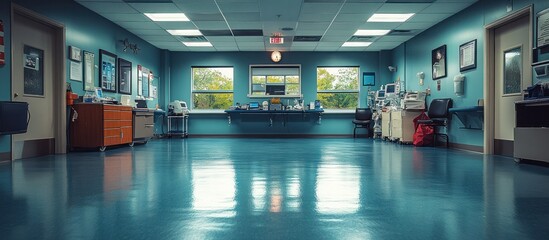 Wall Mural - Empty hospital hallway with teal floor, medical equipment, and windows.