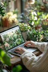 Poster - Eco-Friendly Workspace Hands Typing on Laptop Amid Indoor Plants in Natural Light