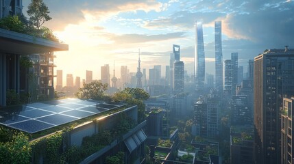Poster - A cityscape with a green roof and a large building in the background