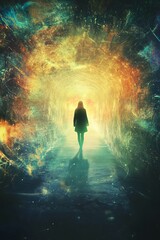 Poster - Figure walks glowing tunnel; cosmic, ethereal.