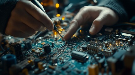 Poster - A close-up of hands working on a circuit board with tools and components.