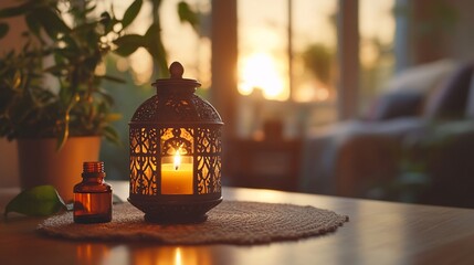 Aufkleber - A cozy scene with a lantern and essential oil bottle at sunset.