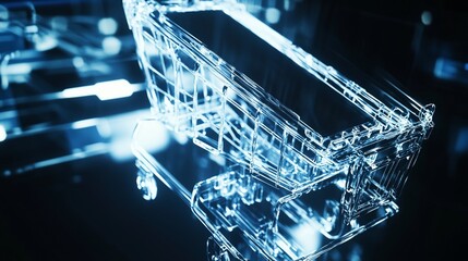 Poster - A digital rendering of a transparent shopping cart in a futuristic setting.