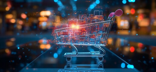 Poster - A digital shopping cart filled with glowing blocks, symbolizing e-commerce.