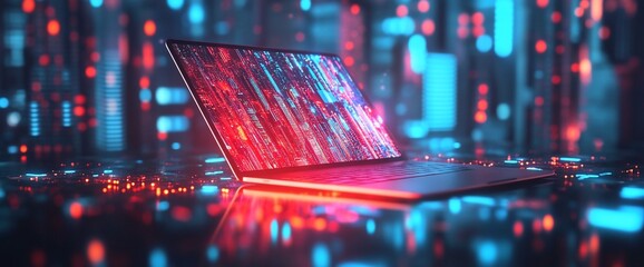 Poster - A futuristic laptop displaying vibrant digital data in a cyber environment.