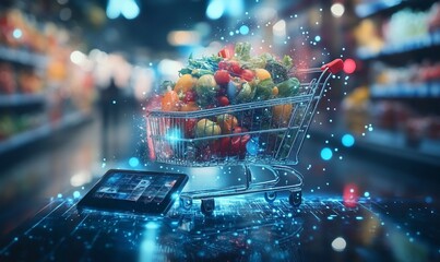Poster - A futuristic shopping cart filled with fruits and vegetables alongside a smartphone.
