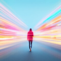 Aufkleber - Digital Journey Person Walking in Vibrant Cityscape with Bright Lights and Holograms