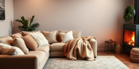 Wall Mural - A cozy living room setup with a plush sofa, fluffy throw pillows, warm blanket, and flickering fireplace, living room, home