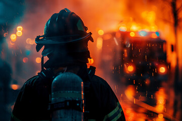 Poster - Professional firefighter worker double exposure generative AI portrait