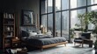 © Media Srock - Modern Bedroom Design Featuring City View And Dark Furnishings