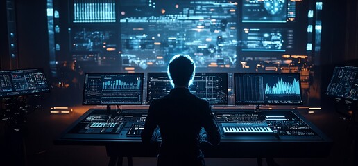 Poster - A person interacts with multiple screens displaying data and analytics.