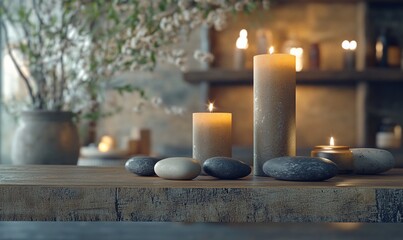 Wall Mural - A serene arrangement of candles and stones on a wooden table.