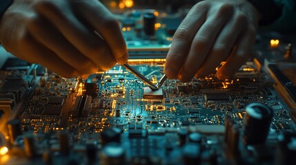 Poster - A technician working on a circuit board with tools and glowing components.