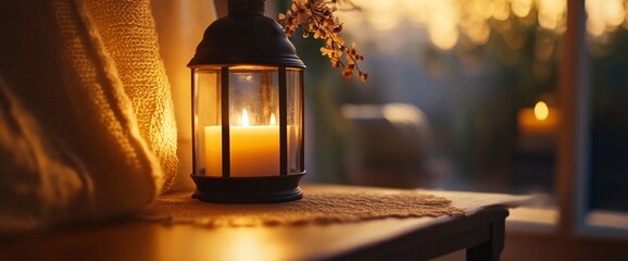 Aufkleber - A warm candlelit lantern on a table, creating a cozy atmosphere.