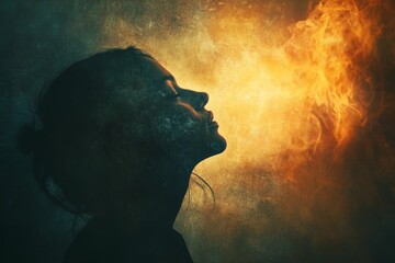 Poster - Woman's profile, fiery background, ethereal, mysterious, intense.