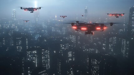 Poster - Drones flying over a futuristic cityscape at night.