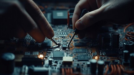 Poster - Close-up of hands repairing a circuit board with precision tools.
