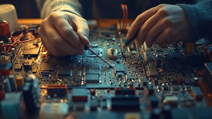 Poster - Hands working on a circuit board with tools for electronic repair.