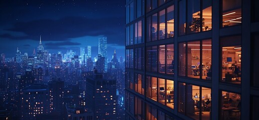 Aufkleber - Nighttime cityscape showcasing illuminated office spaces in a skyscraper.