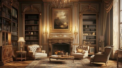 Canvas Print - Elegant Library with Ornate Gold Accents and Comfortable Seating