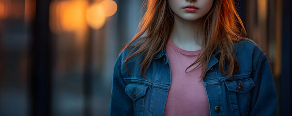 Wall Mural - Girl in Denim Jacket at Sunset, Dusk's Warm Glow Illuminates Her Soft Features, Urban Background.